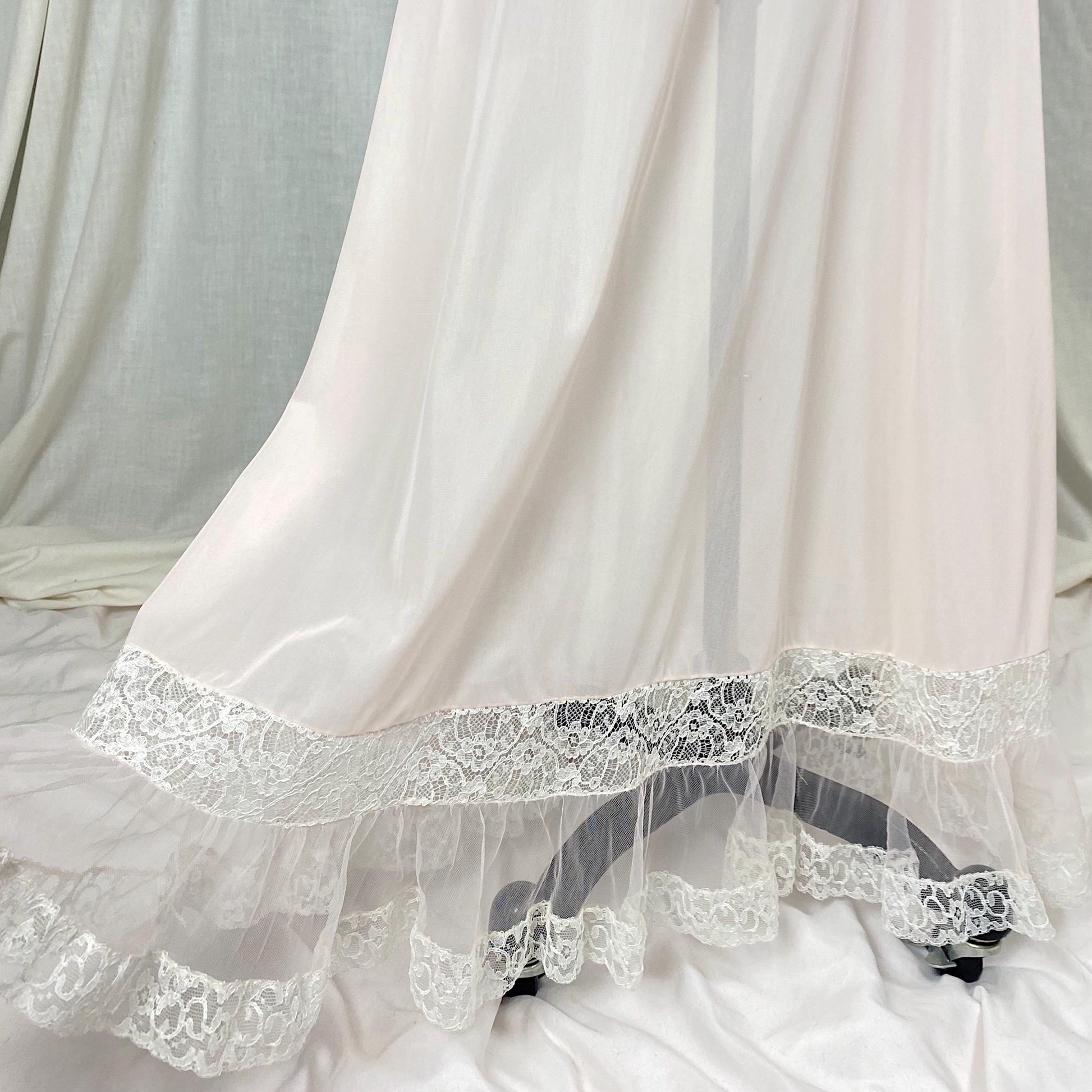 Vintage 1950's Nightgown | Semi-Sheer Powder Pink Nylon with White Ruffled Tulle | Size XS, S | Lady Duff