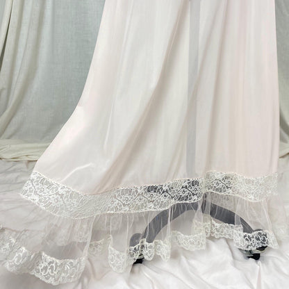Vintage 1950's Nightgown | Semi-Sheer Powder Pink Nylon with White Ruffled Tulle | Size XS, S | Lady Duff