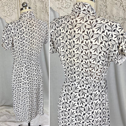 Vintage 1930's Midi Length Dress | Black & White Art Deco Print Rayon Crepe with Velvet Buttons | Size S, M