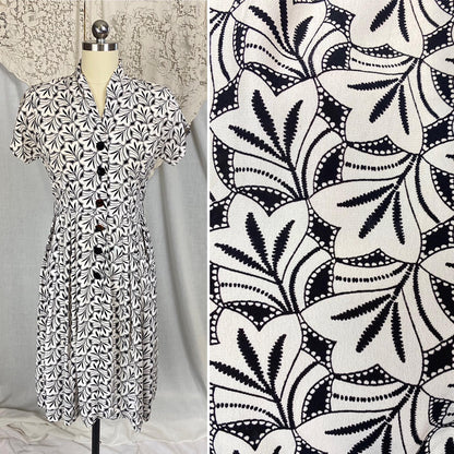 Vintage 1930's Midi Length Dress | Black & White Art Deco Print Rayon Crepe with Velvet Buttons | Size S, M