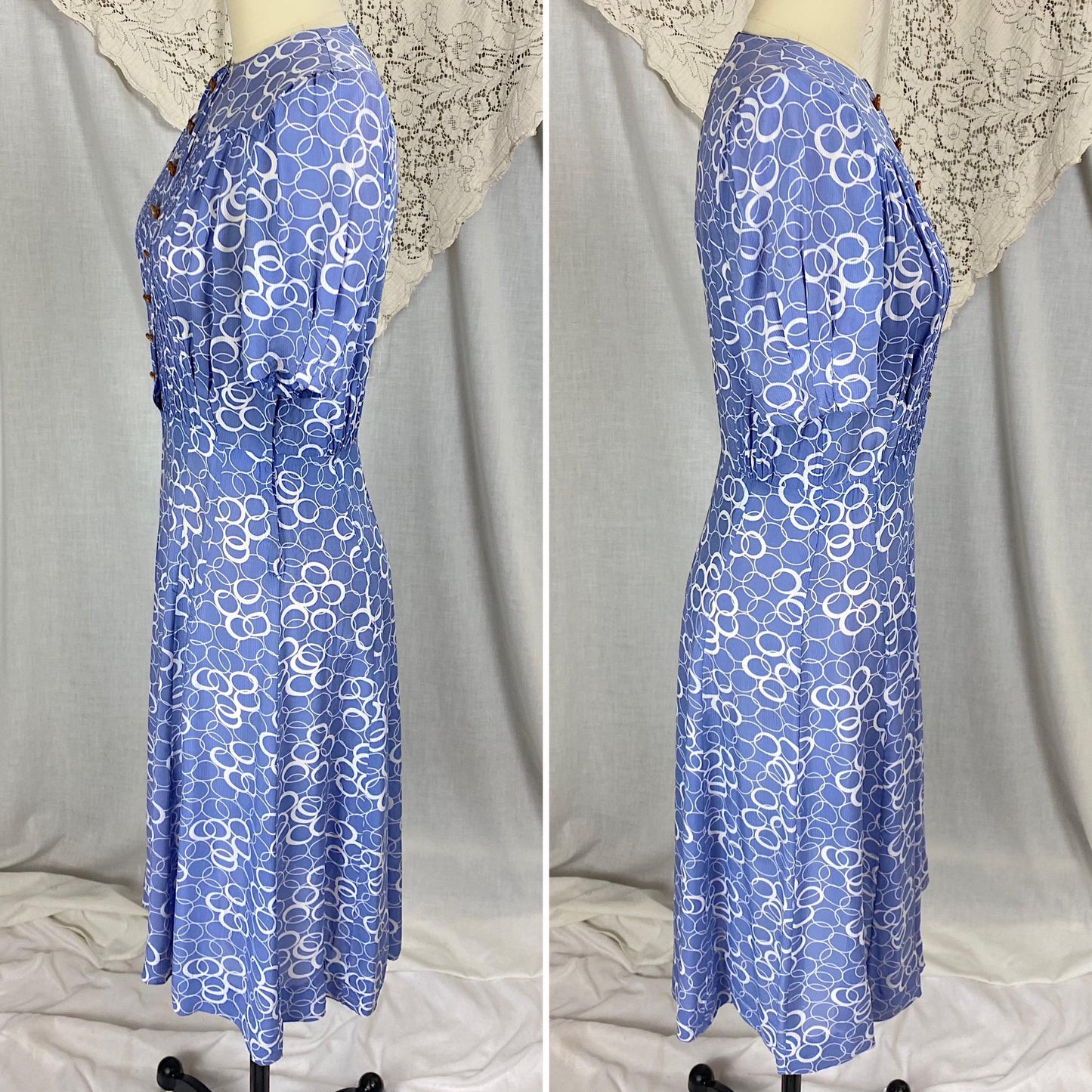 Vintage 1930's Midi Dress | Semi-Sheer Dusty Blue & White Abstract Print Rayon with Celluloid Buttons | Size S, M