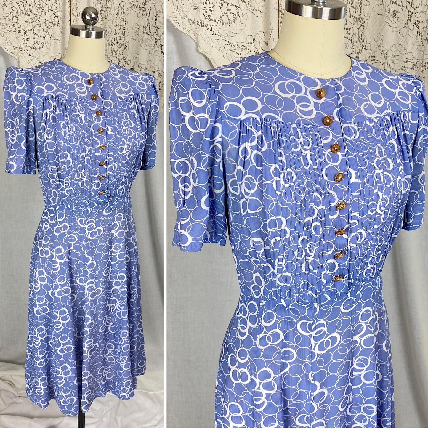 Vintage 1930's Midi Dress | Semi-Sheer Dusty Blue & White Abstract Print Rayon with Celluloid Buttons | Size S, M