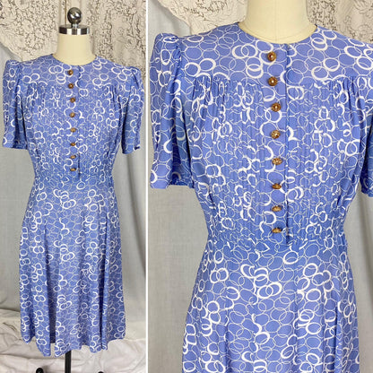 Vintage 1930's Midi Dress | Semi-Sheer Dusty Blue & White Abstract Print Rayon with Celluloid Buttons | Size S, M