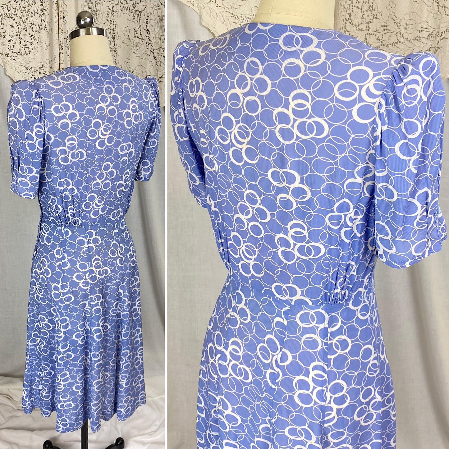 Vintage 1930's Midi Dress | Semi-Sheer Dusty Blue & White Abstract Print Rayon with Celluloid Buttons | Size S, M