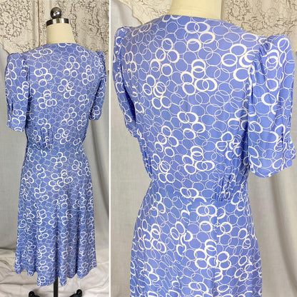 Vintage 1930's Midi Dress | Semi-Sheer Dusty Blue & White Abstract Print Rayon with Celluloid Buttons | Size S, M
