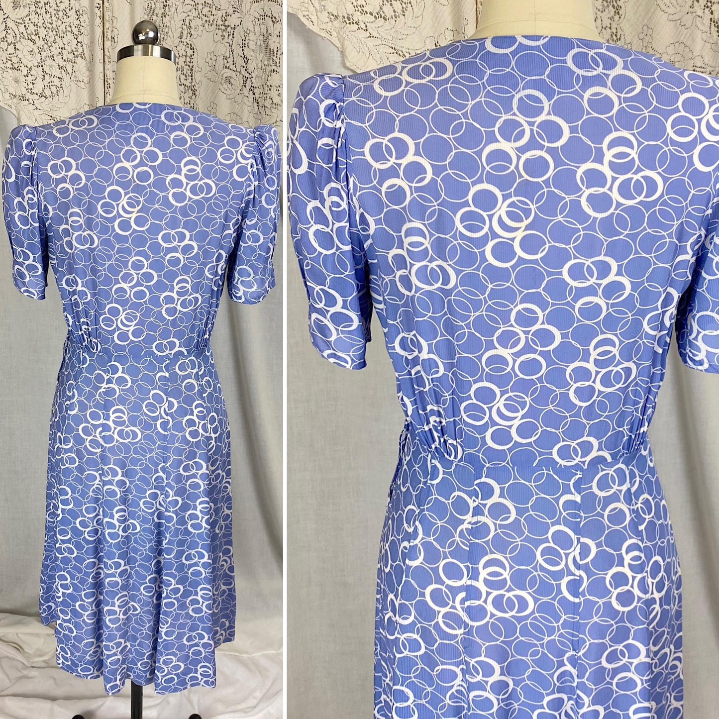 Vintage 1930's Midi Dress | Semi-Sheer Dusty Blue & White Abstract Print Rayon with Celluloid Buttons | Size S, M