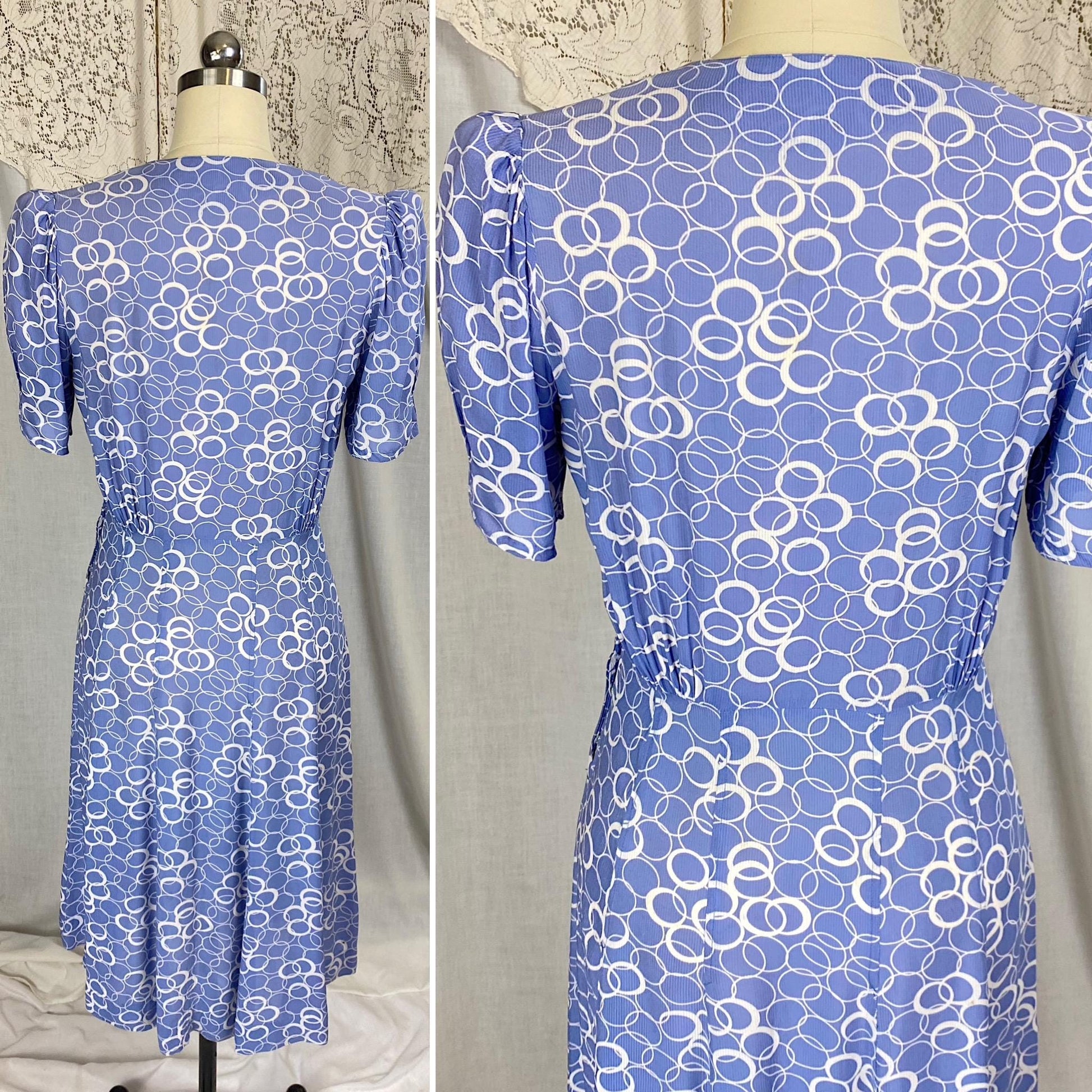 Vintage 1930's Midi Dress | Semi-Sheer Dusty Blue & White Abstract Print Rayon with Celluloid Buttons | Size S, M