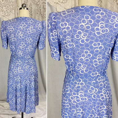 Vintage 1930's Midi Dress | Semi-Sheer Dusty Blue & White Abstract Print Rayon with Celluloid Buttons | Size S, M