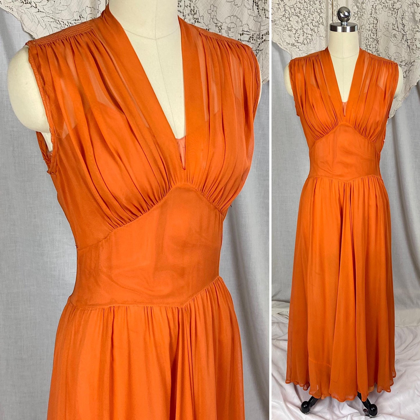 Vintage 1930's - 1940's Maxi Dress | Sheer Burnt Orange Rayon Chiffon with Gathered Bust & Matching Rayon Taffeta Slip | Size S