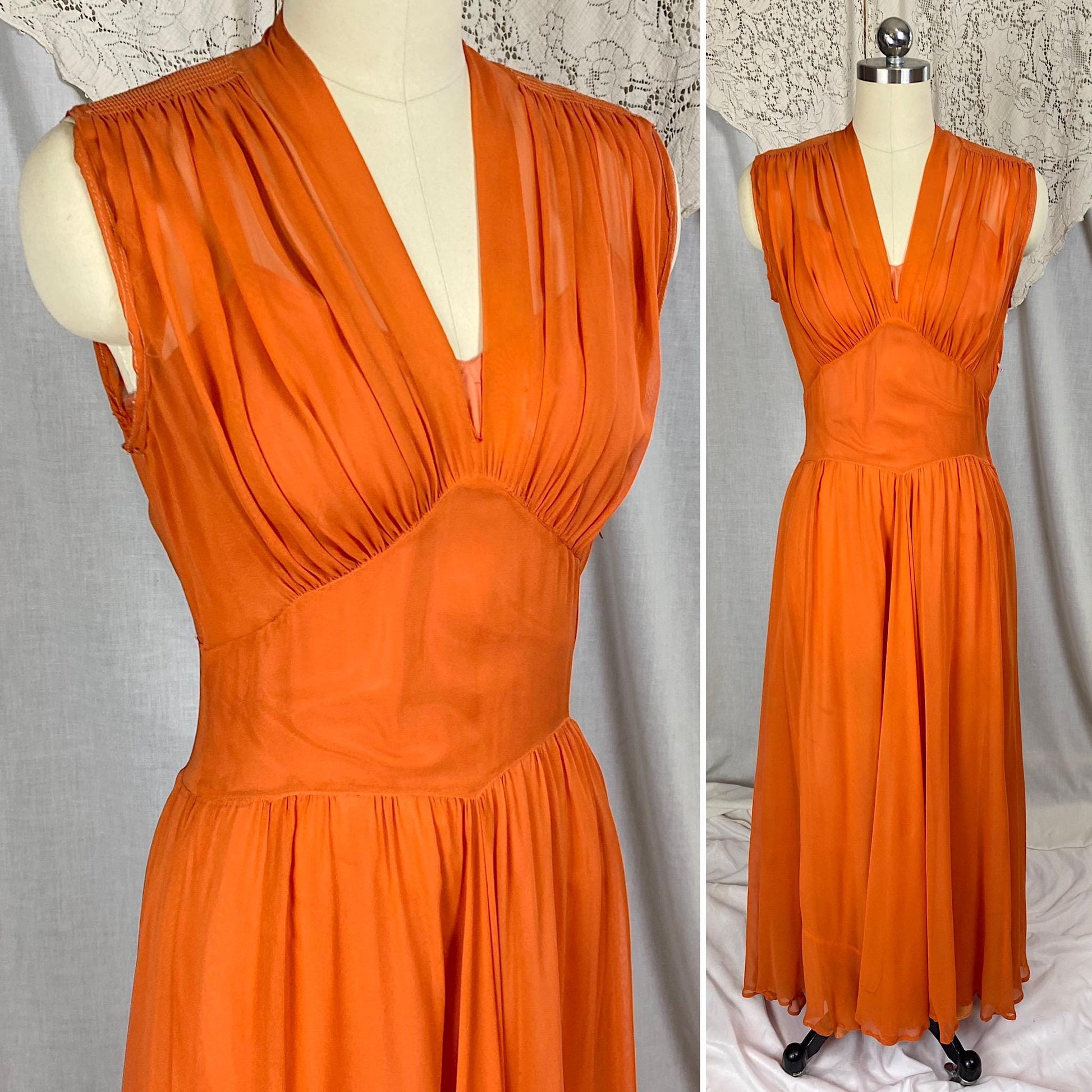 Vintage 1930's - 1940's Maxi Dress | Sheer Burnt Orange Rayon Chiffon with Gathered Bust & Matching Rayon Taffeta Slip | Size S