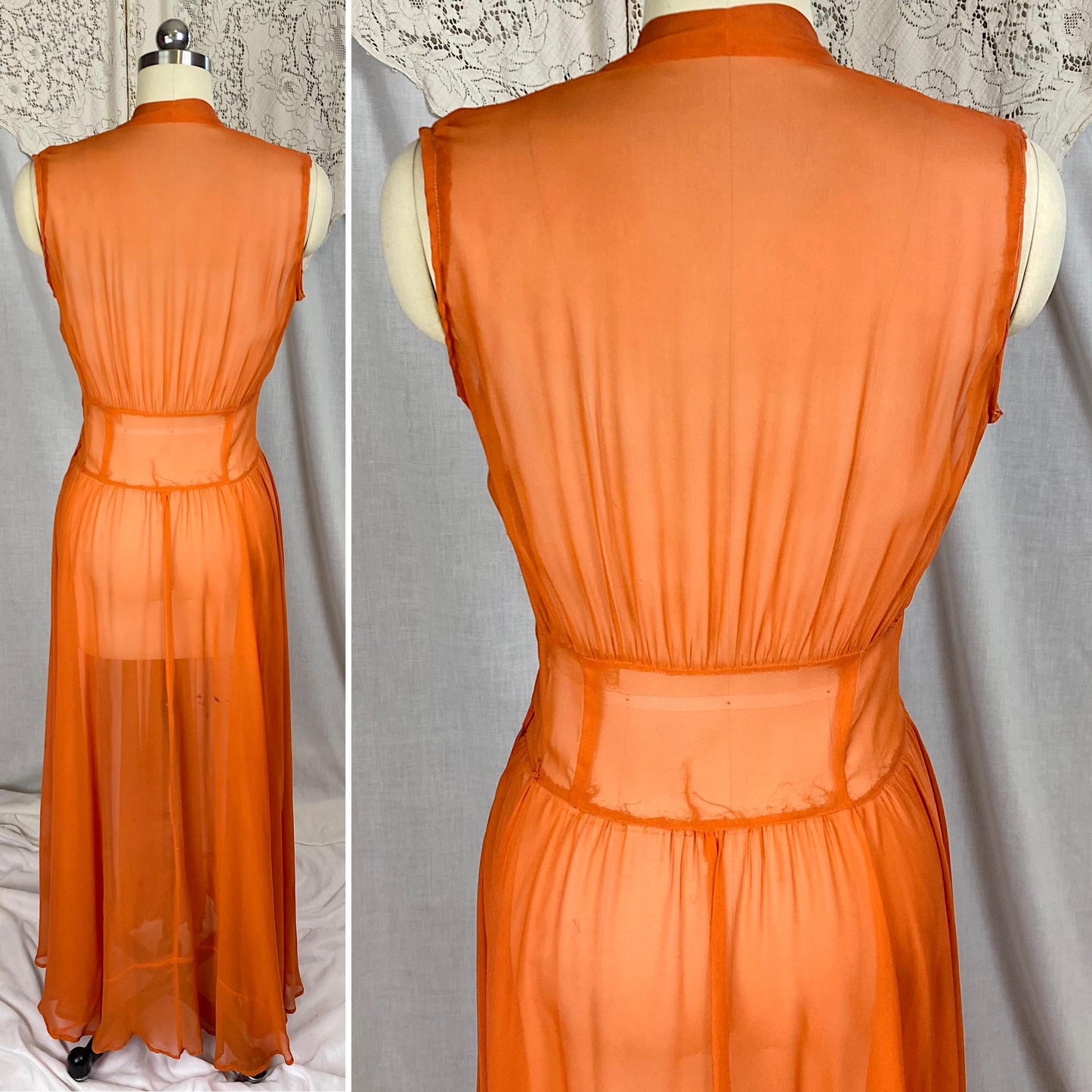 Vintage 1930's - 1940's Maxi Dress | Sheer Burnt Orange Rayon Chiffon with Gathered Bust & Matching Rayon Taffeta Slip | Size S