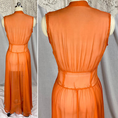 Vintage 1930's - 1940's Maxi Dress | Sheer Burnt Orange Rayon Chiffon with Gathered Bust & Matching Rayon Taffeta Slip | Size S