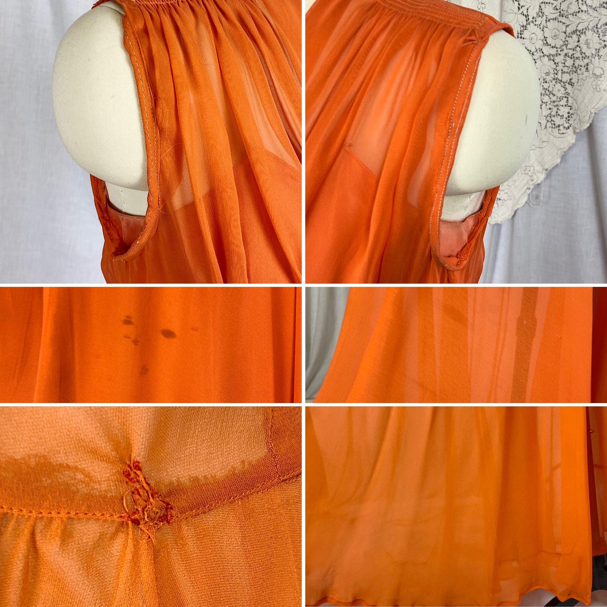 Vintage 1930's - 1940's Maxi Dress | Sheer Burnt Orange Rayon Chiffon with Gathered Bust & Matching Rayon Taffeta Slip | Size S