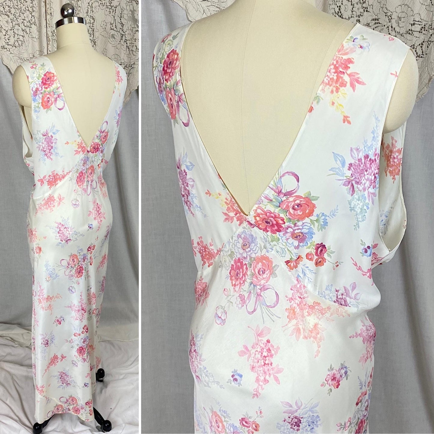 Vintage 1940's Nightgown | Semi Sheer White Rayon with Bold Floral Print | Size 2XL