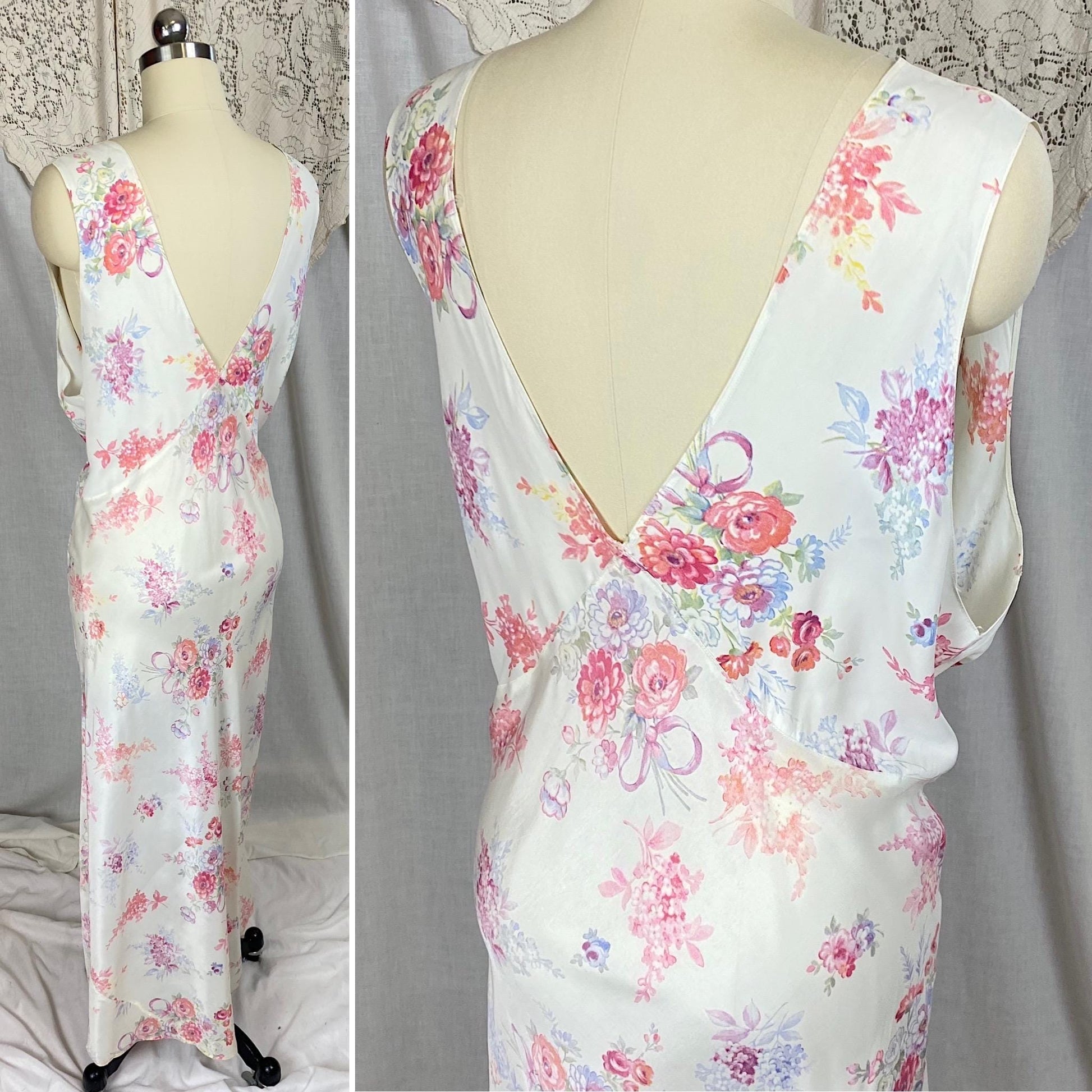 Vintage 1940's Nightgown | Semi Sheer White Rayon with Bold Floral Print | Size 2XL