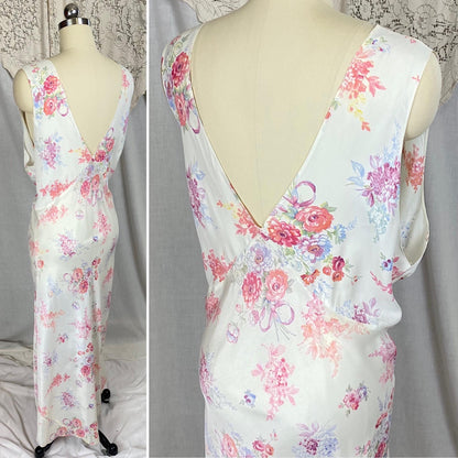 Vintage 1940's Nightgown | Semi Sheer White Rayon with Bold Floral Print | Size 2XL