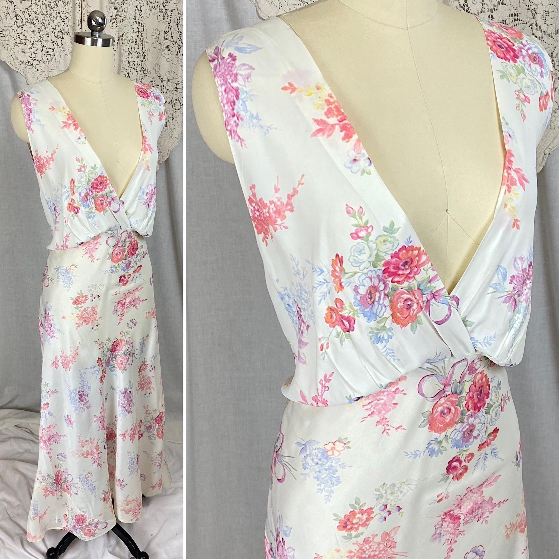 Vintage 1940's Nightgown | Semi Sheer White Rayon with Bold Floral Print | Size 2XL