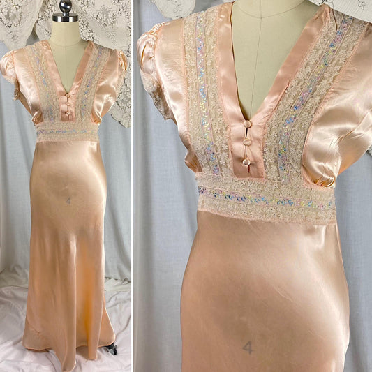Vintage 1940's Nightgown | Rich Peach Rayon Satin with Embroidered Sheer Chiffon Inserts | Size S, M