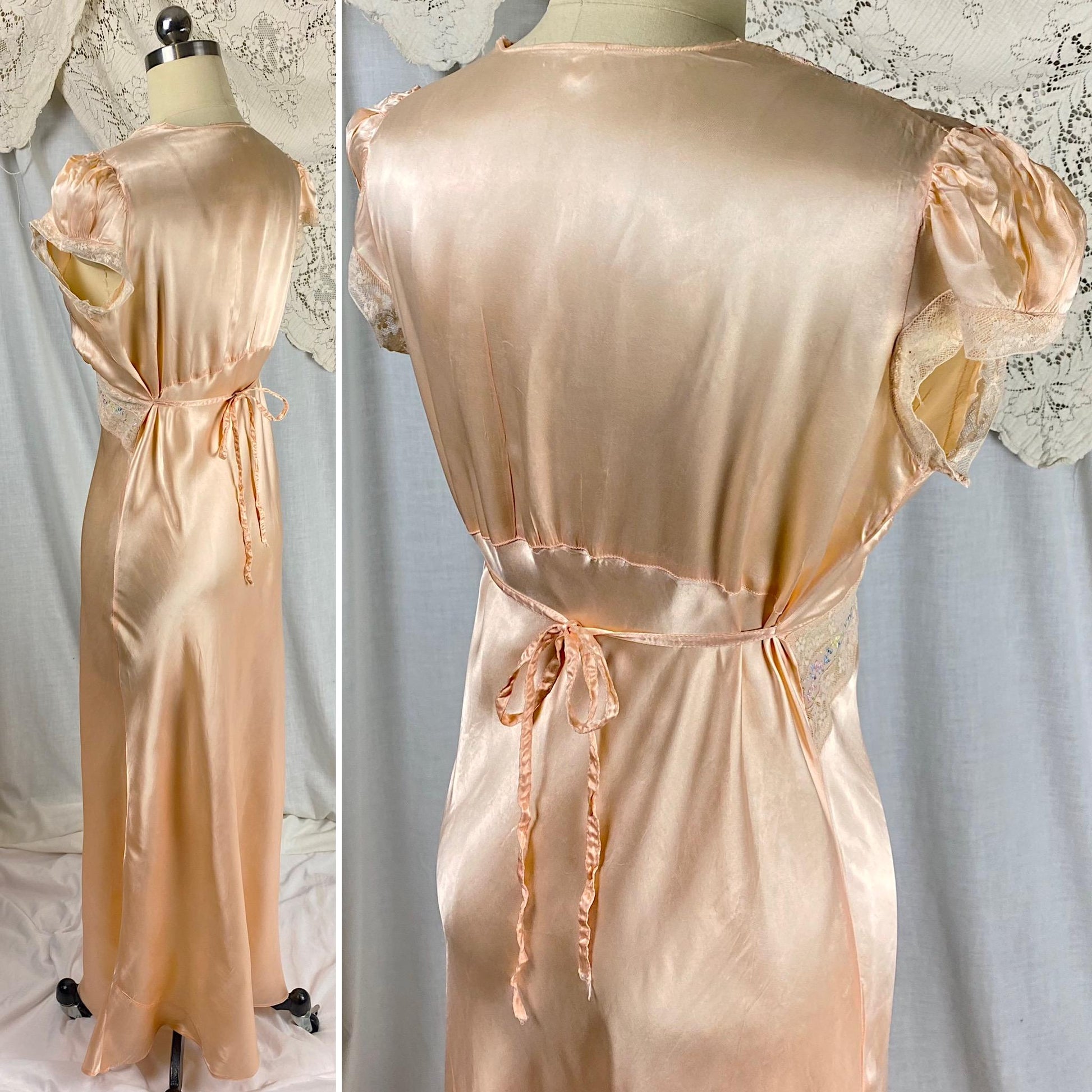 Vintage 1940's Nightgown | Rich Peach Rayon Satin with Embroidered Sheer Chiffon Inserts | Size S, M