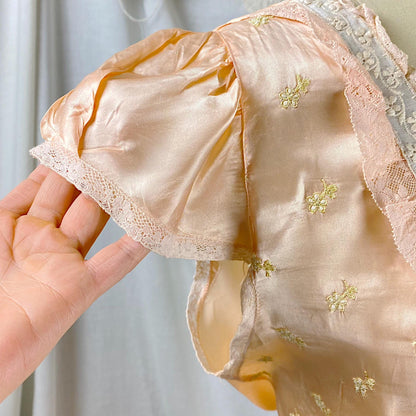 Vintage 1940's Nightgown | Rich Peach Rayon Satin with Embroidered Sheer Chiffon Inserts | Size S, M