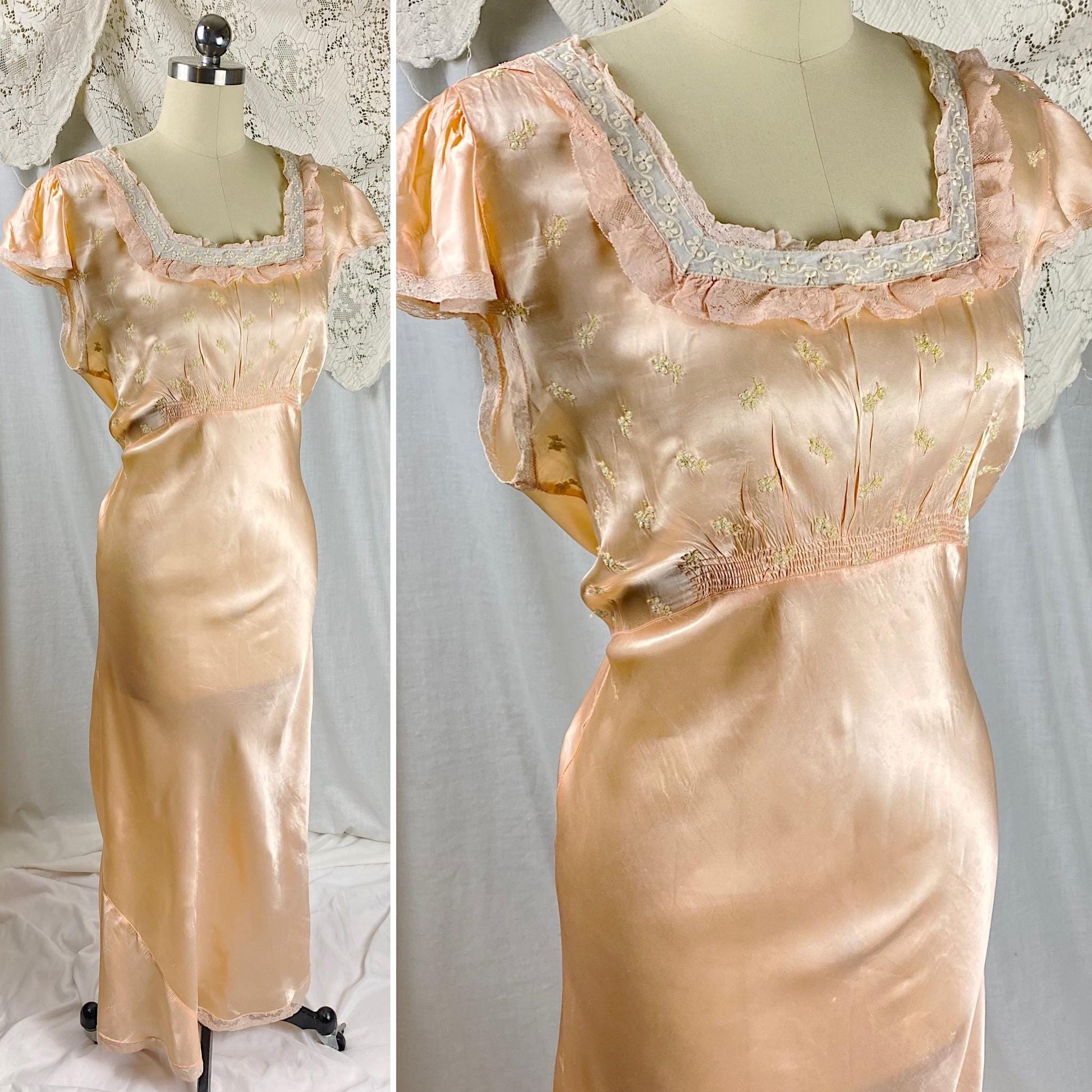 Vintage 1940's Nightgown | Rose Gold Rayon Satin with Gold floral embroidery & Ruffled Lace | Size M