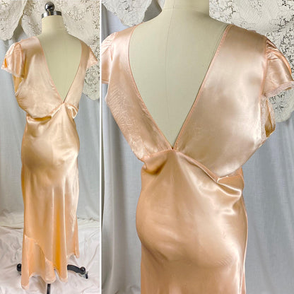 Vintage 1940's Nightgown | Rose Gold Rayon Satin with Gold floral embroidery & Ruffled Lace | Size M