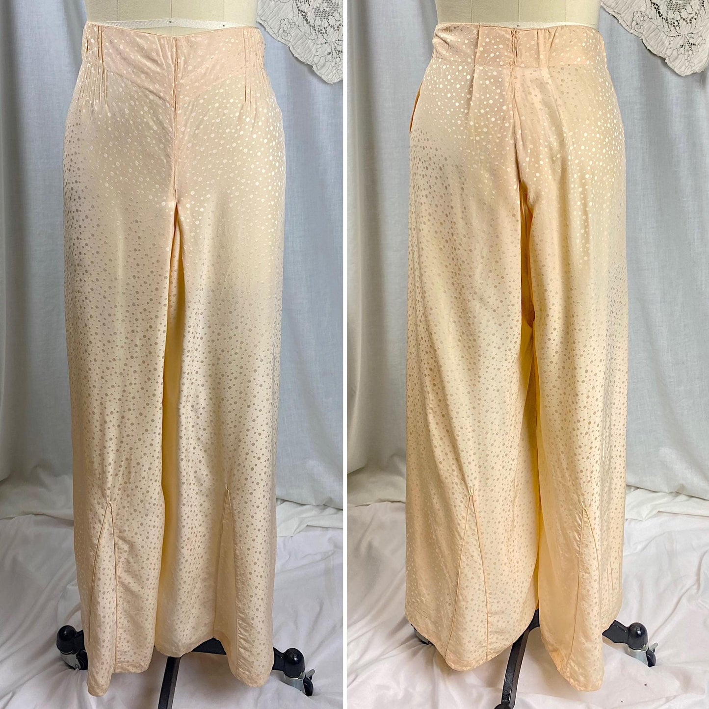 Vintage 1930's Beach Pajama Set | Hand Stitched Apricot Silk with Polka Dot Satin Damask & Embossed Art Deco Stitching | Size M