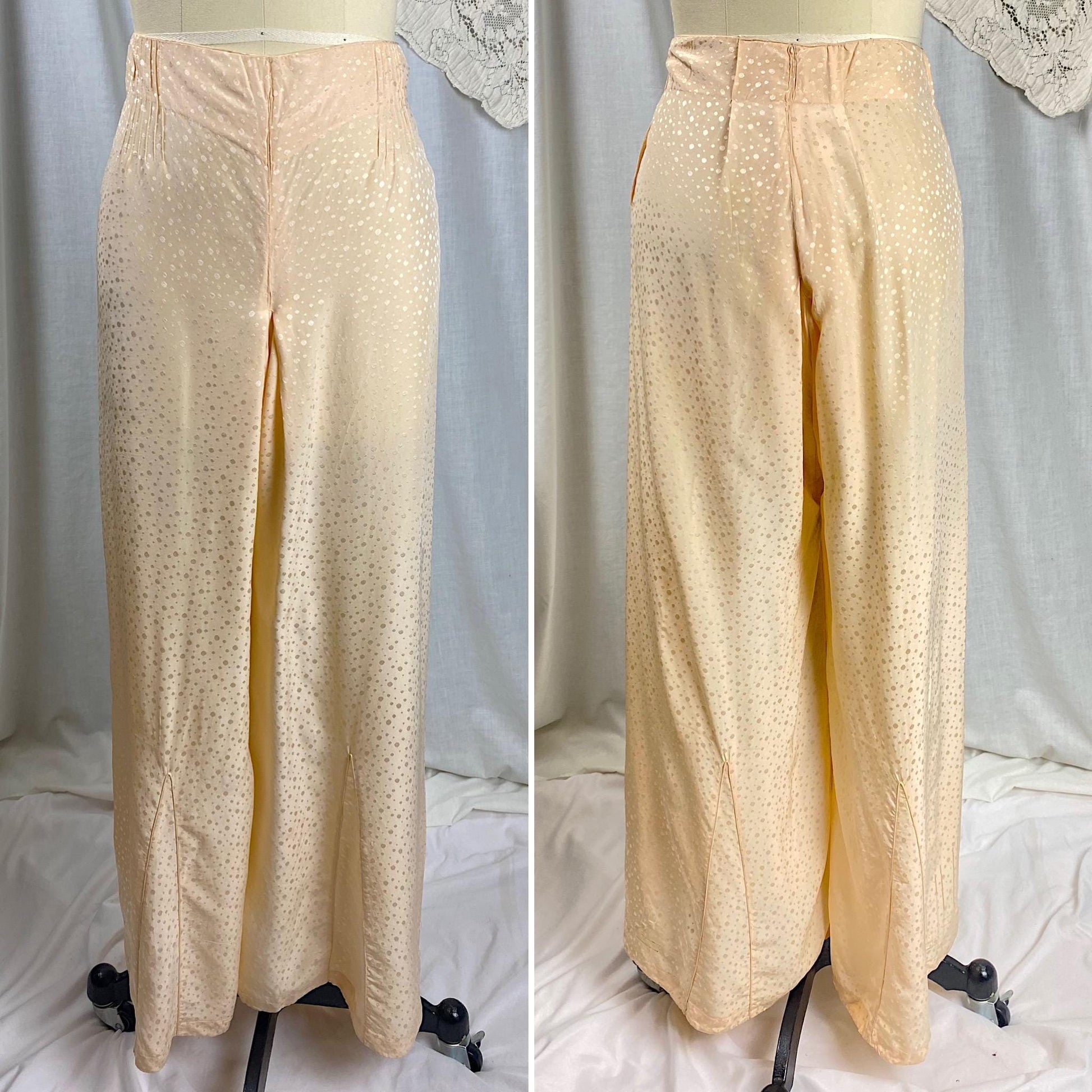 Vintage 1930's Beach Pajama Set | Hand Stitched Apricot Silk with Polka Dot Satin Damask & Embossed Art Deco Stitching | Size M