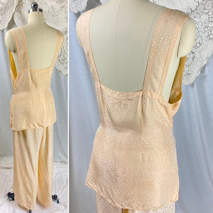 Vintage 1930's Beach Pajama Set | Hand Stitched Apricot Silk with Polka Dot Satin Damask & Embossed Art Deco Stitching | Size M