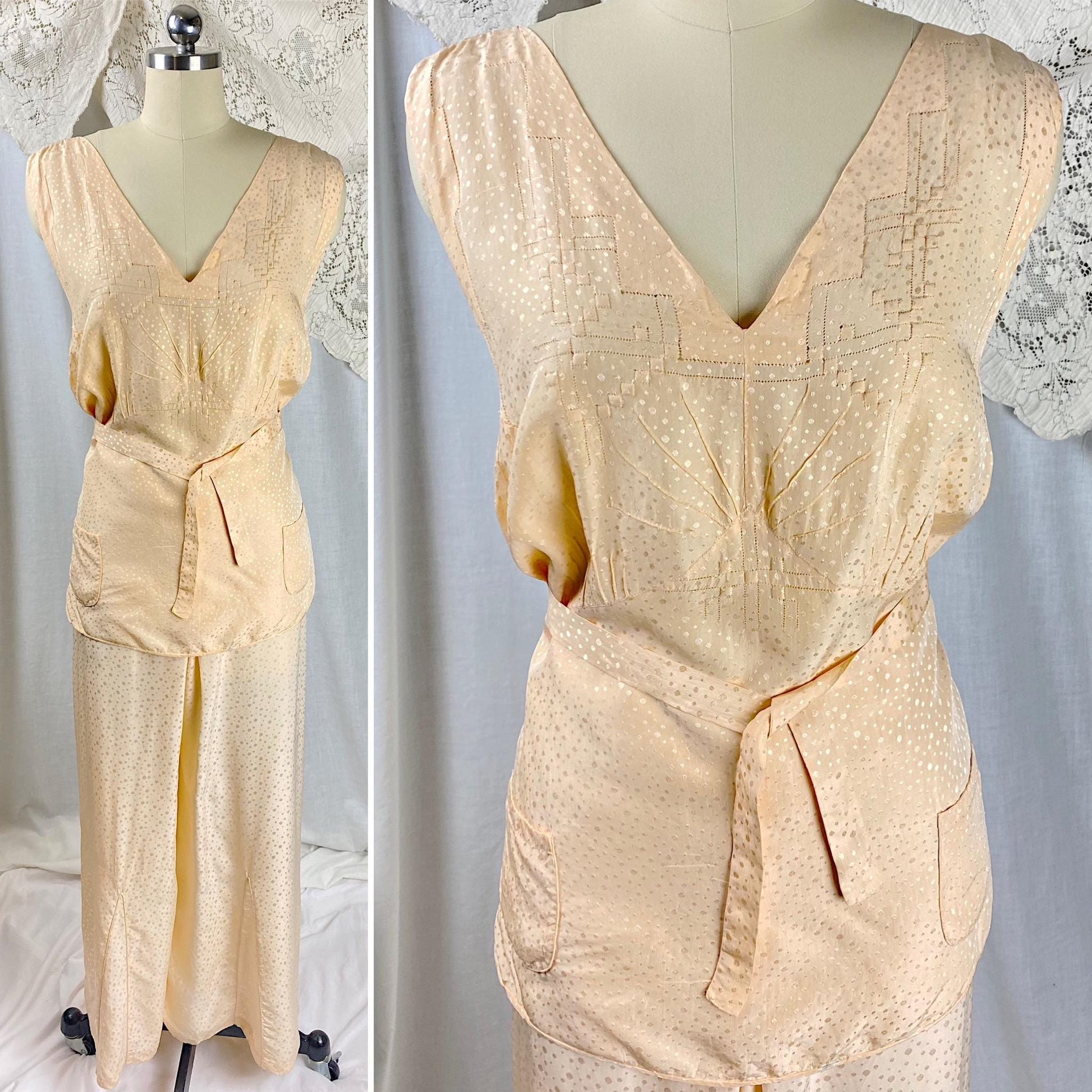 Vintage 1930's Beach Pajama Set | Hand Stitched Apricot Silk with Polka Dot Satin Damask & Embossed Art Deco Stitching | Size M