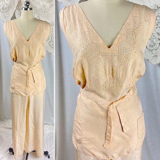 Vintage 1930's Beach Pajama Set | Hand Stitched Apricot Silk with Polka Dot Satin Damask & Embossed Art Deco Stitching | Size M