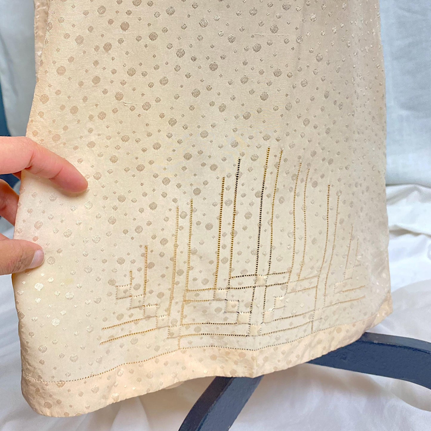 Vintage 1930's Beach Pajama Set | Hand Stitched Apricot Silk with Polka Dot Satin Damask & Embossed Art Deco Stitching | Size M
