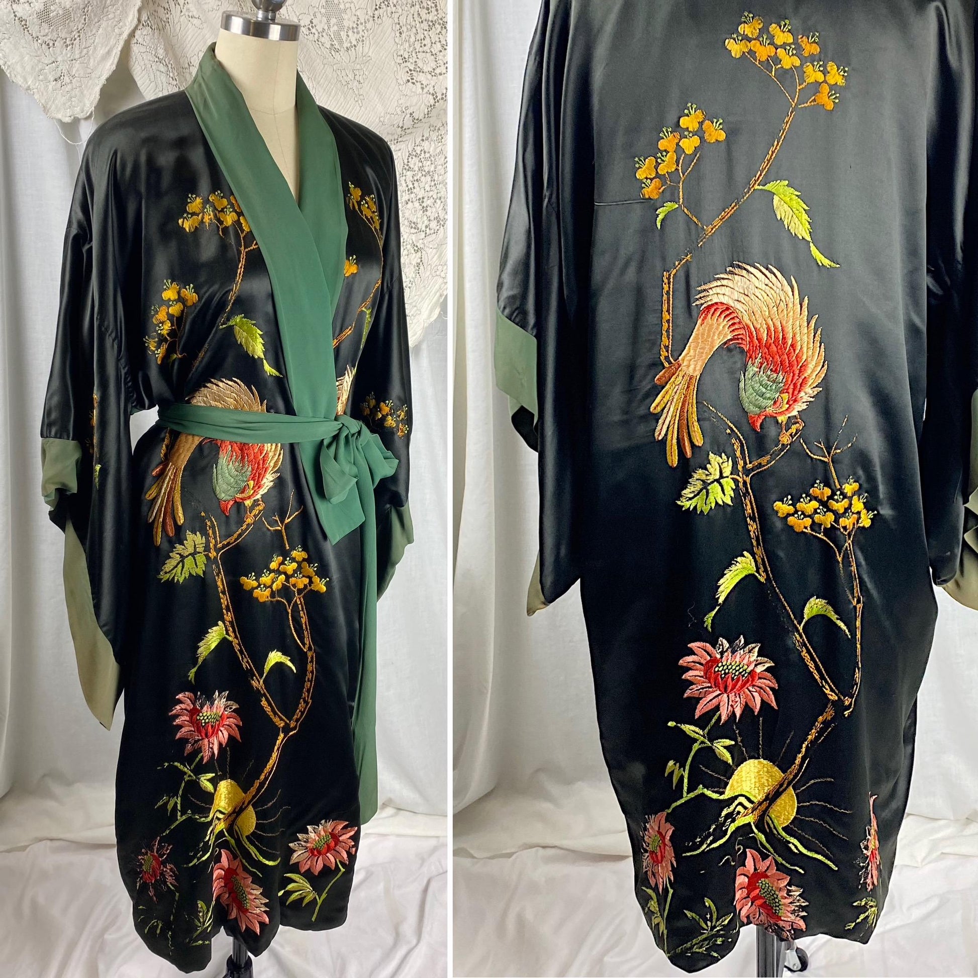 Vintage 1920's - 1930's Japanese Kimono Robe | Black Silk with Deep Green Silk Crepe Lining & Intricate Hand Embroidery | Size Free