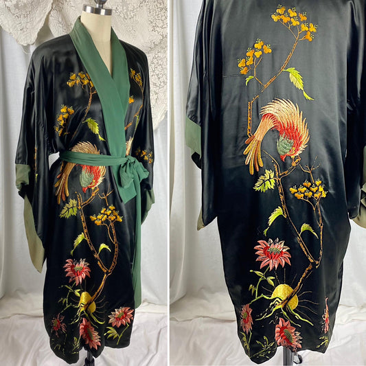 Vintage 1920's - 1930's Japanese Kimono Robe | Black Silk with Deep Green Silk Crepe Lining & Intricate Hand Embroidery | Size Free