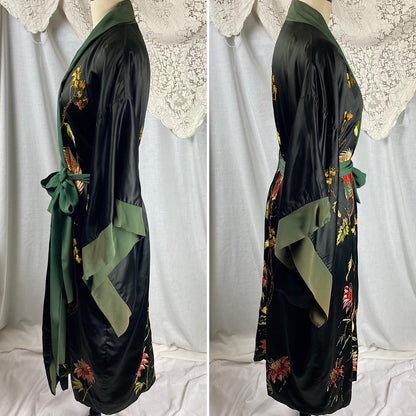 Vintage 1920's - 1930's Japanese Kimono Robe | Black Silk with Deep Green Silk Crepe Lining & Intricate Hand Embroidery | Size Free