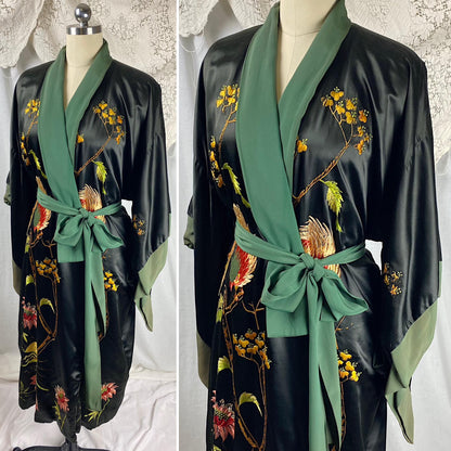 Vintage 1920's - 1930's Japanese Kimono Robe | Black Silk with Deep Green Silk Crepe Lining & Intricate Hand Embroidery | Size Free