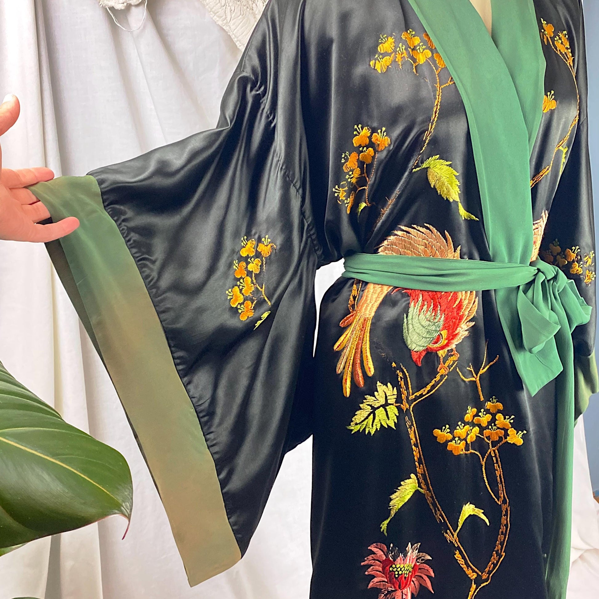 Vintage 1920's - 1930's Japanese Kimono Robe | Black Silk with Deep Green Silk Crepe Lining & Intricate Hand Embroidery | Size Free