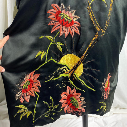 Vintage 1920's - 1930's Japanese Kimono Robe | Black Silk with Deep Green Silk Crepe Lining & Intricate Hand Embroidery | Size Free