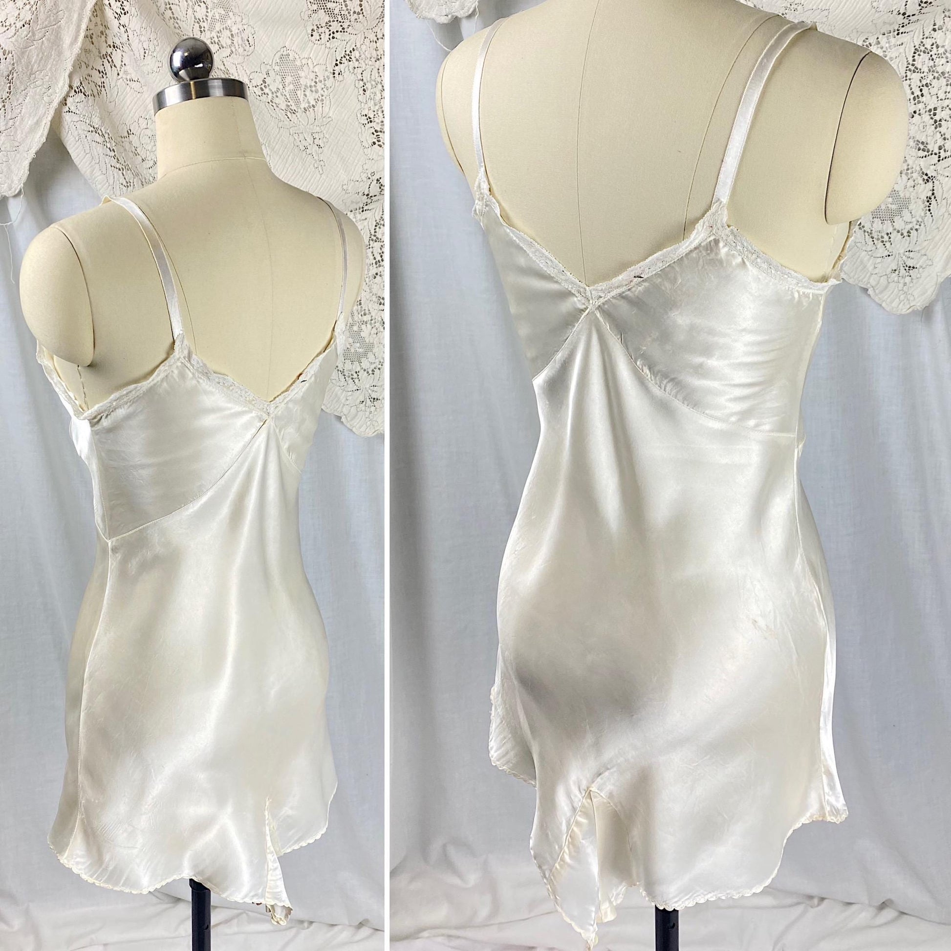 Vintage 1940's Teddy Chemise | Pearlescent White Rayon Satin with Cotton Lace | Size XS | Lynn Loring Lingerie - Never Worn, with Tags