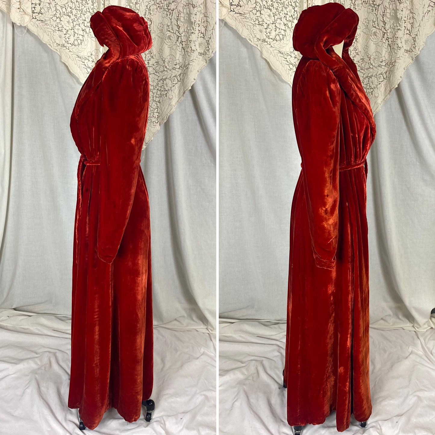 Vintage 1930's - 1940's Hooded Robe - Opera Coat | Rose Red Rayon Velvet with Taffeta Lining | Size XS, S