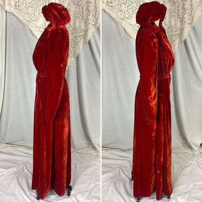 Vintage 1930's - 1940's Hooded Robe - Opera Coat | Rose Red Rayon Velvet with Taffeta Lining | Size XS, S