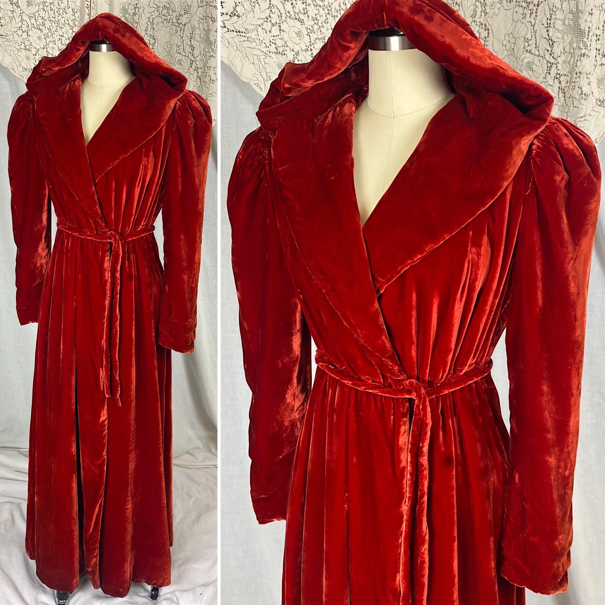 Vintage 1930's - 1940's Hooded Robe - Opera Coat | Rose Red Rayon Velvet with Taffeta Lining | Size XS, S