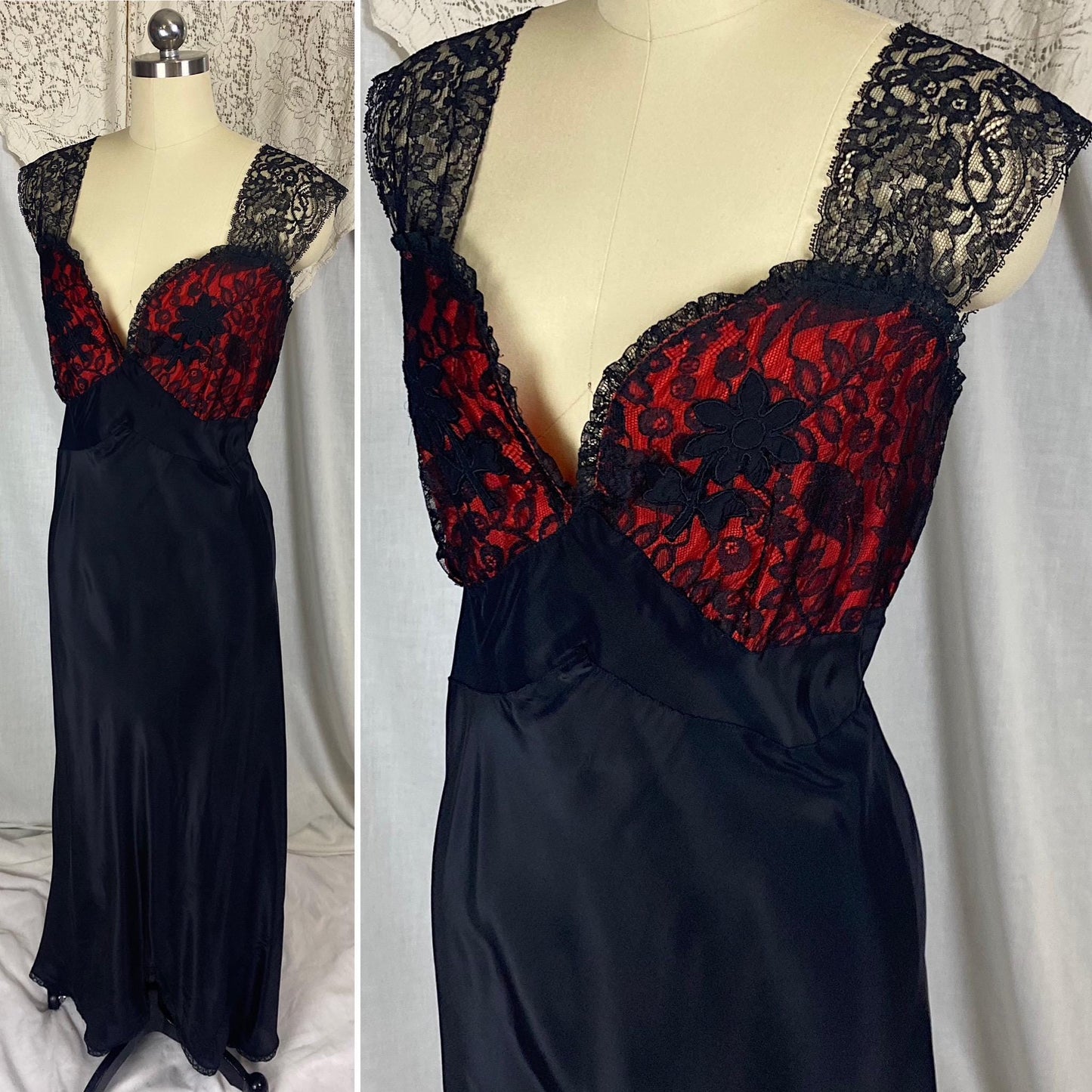 Vintage 1940's - 1950's Nightgown | Silky Black Rayon with Contrasting Red Taffeta Bust | Size LG, XLG