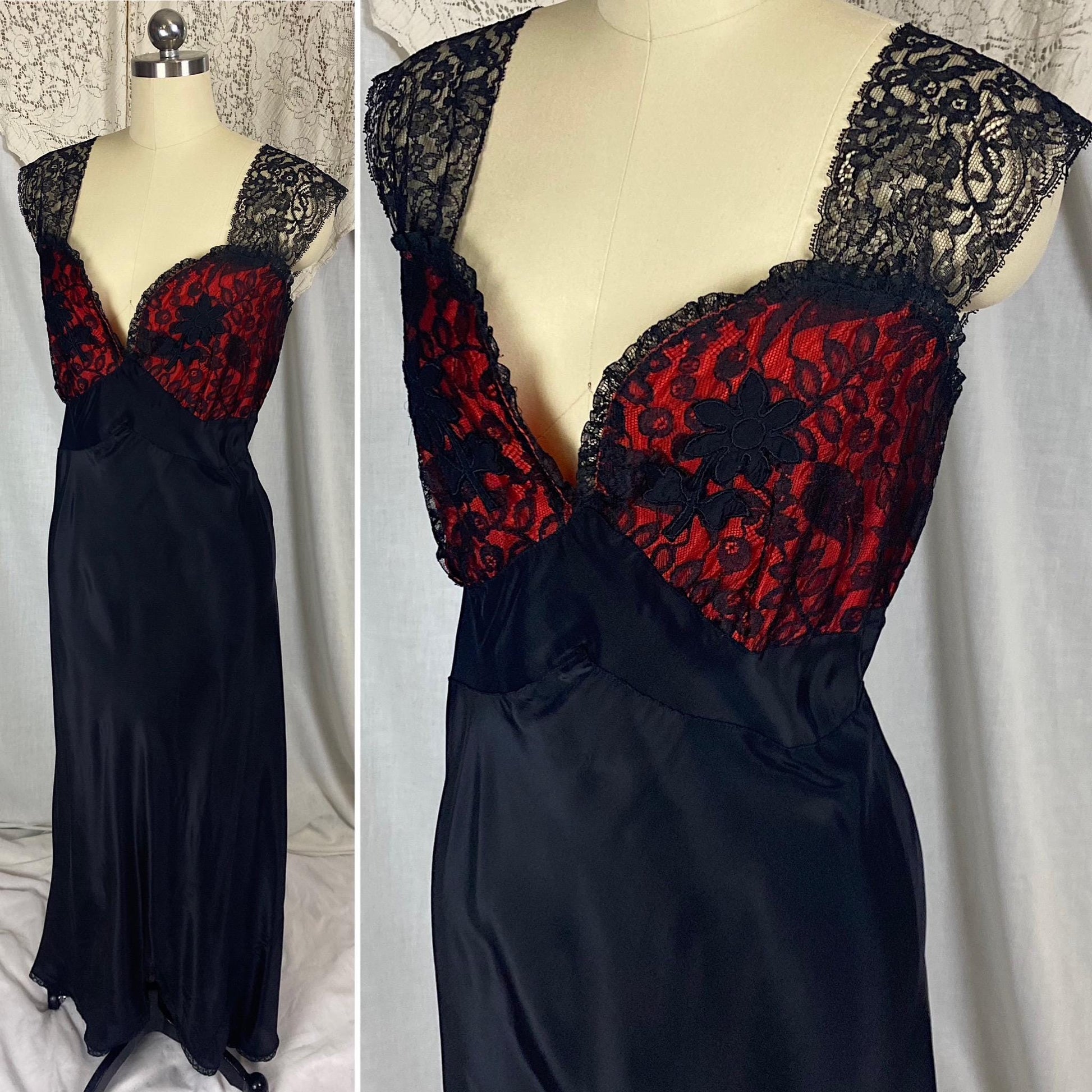 Vintage 1940's - 1950's Nightgown | Silky Black Rayon with Contrasting Red Taffeta Bust | Size LG, XLG