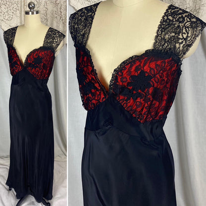 Vintage 1940's - 1950's Nightgown | Silky Black Rayon with Contrasting Red Taffeta Bust | Size LG, XLG