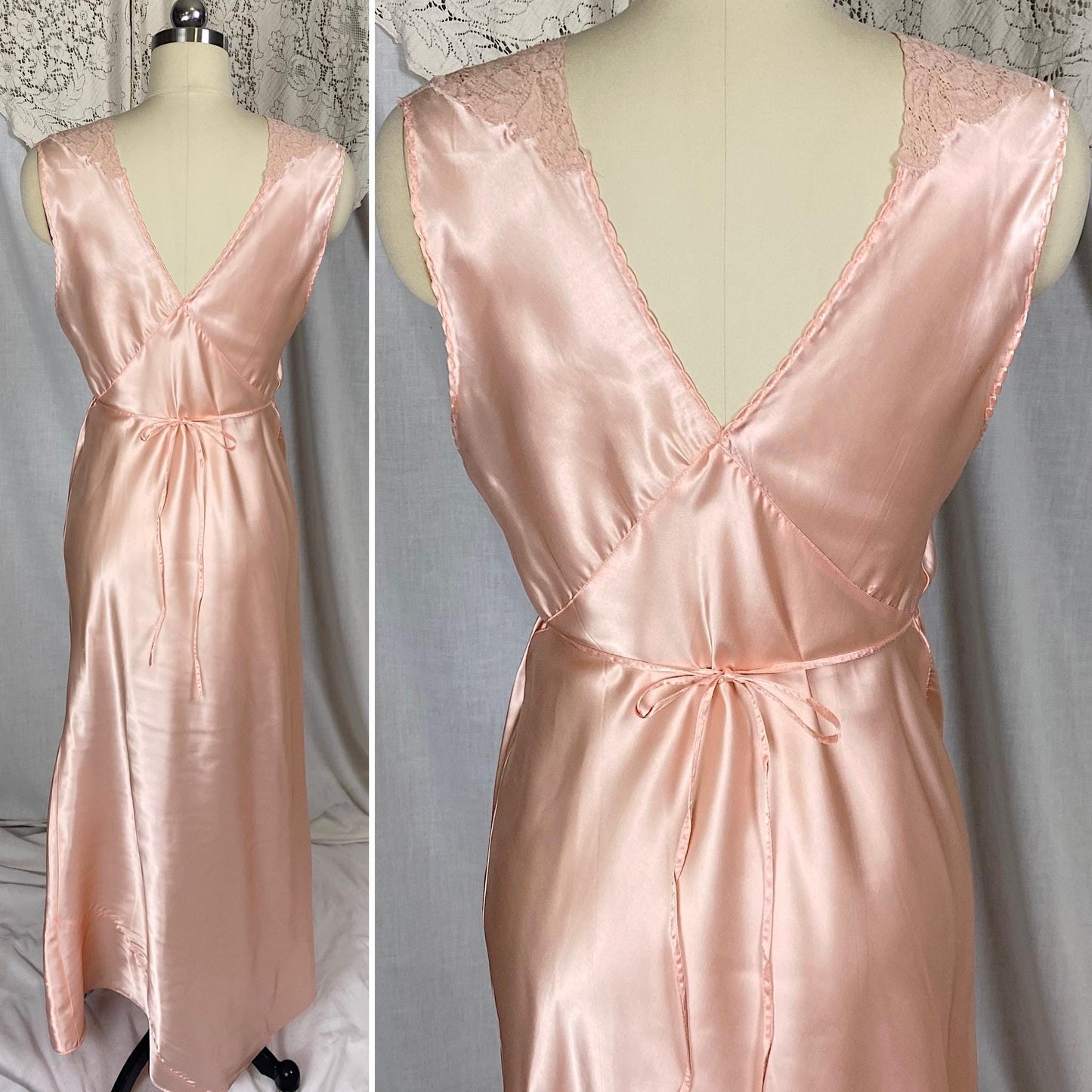 Vintage 1940's Nightgown | Light Blush Pink Rayon Satin with Floral Cotton Lace & Keyhole Neckline | Size S, M | Never Worn
