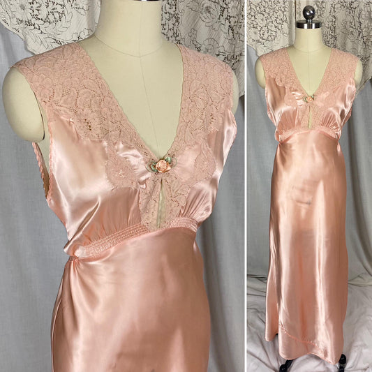 Vintage 1940's Nightgown | Light Blush Pink Rayon Satin with Floral Cotton Lace & Keyhole Neckline | Size S, M | Never Worn