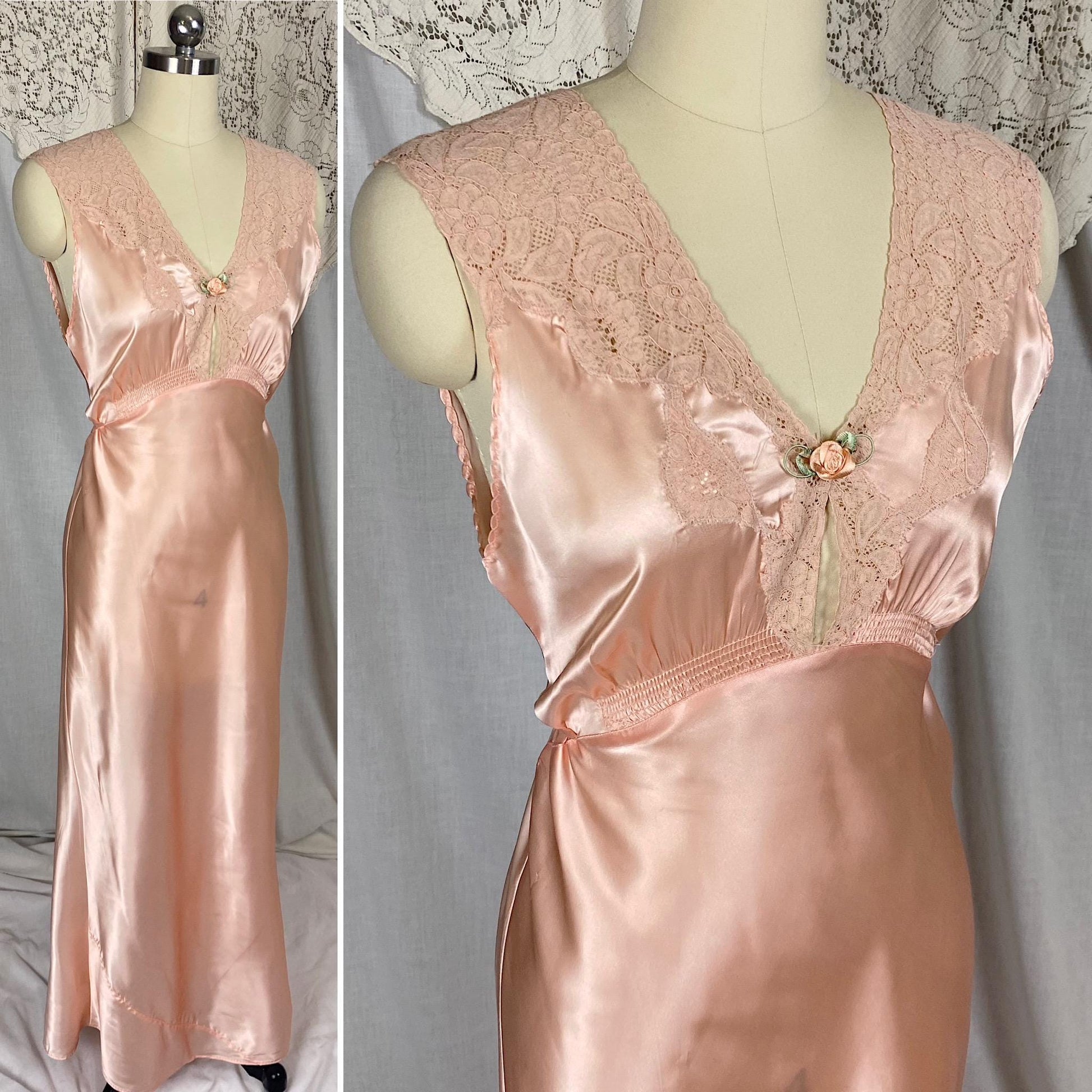 Vintage 1940's Nightgown | Light Blush Pink Rayon Satin with Floral Cotton Lace & Keyhole Neckline | Size S, M | Never Worn