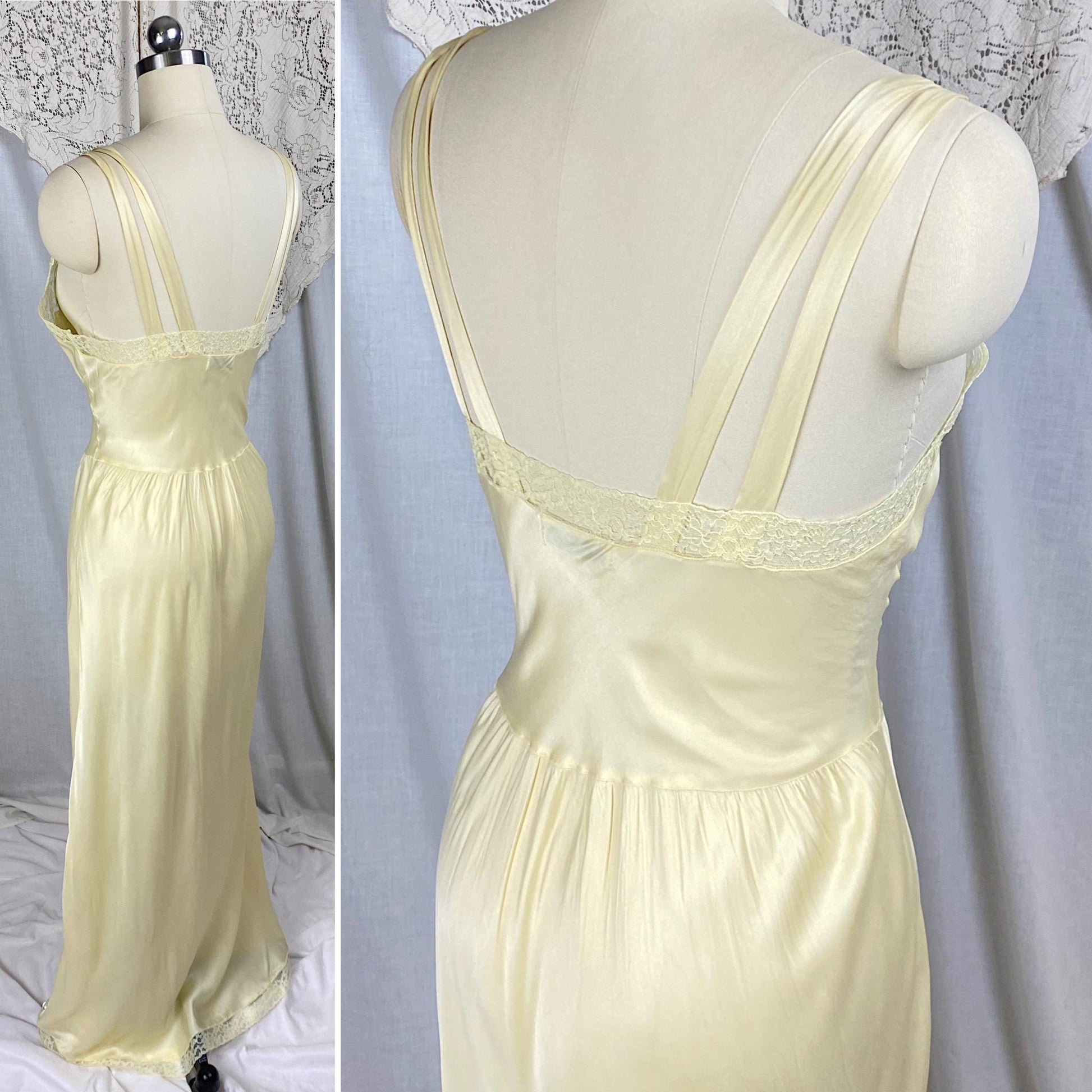 Vintage 1940's - 1950's Nightgown | Pale Yellow Rayon Satin with Acetate Lace | Size S, M | Barbizon Capricious