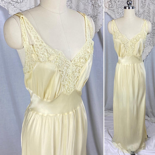 Vintage 1940's - 1950's Nightgown | Pale Yellow Rayon Satin with Acetate Lace | Size S, M | Barbizon Capricious